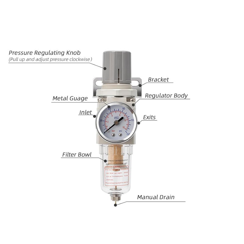 LNCHKA Pneumatic Air Compressor Filter Regulator Combo 1/4" NPT 150 PSI w/Adjustable Gauge-Water Separator,Metal Bracket,Manual Drain,5 Micron Brass Cartridge - Image 2